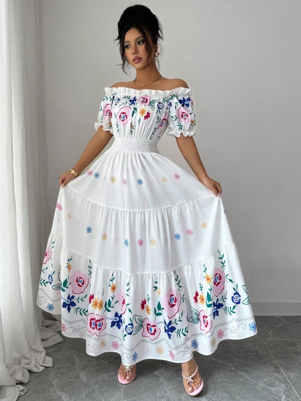 Multicolor Boho Women's off-Shoulder Puff Sleeve Floral Print Maxi Dress - Picture 1 of 7